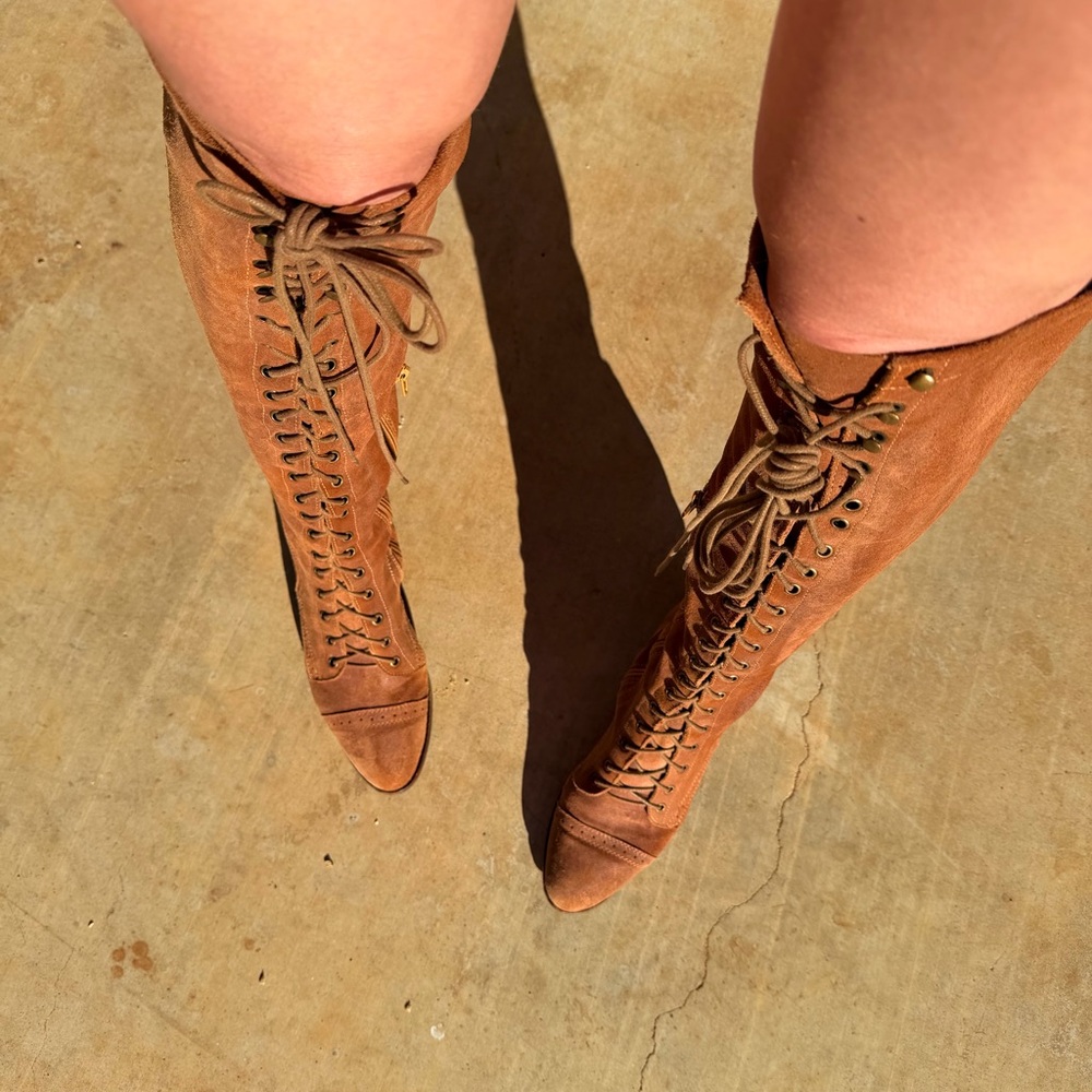 Jeffrey Campbell Sz 9 Brown 100% Lambs Leather Tall Lace Up boot Free People Joe - Picture 6 of 16